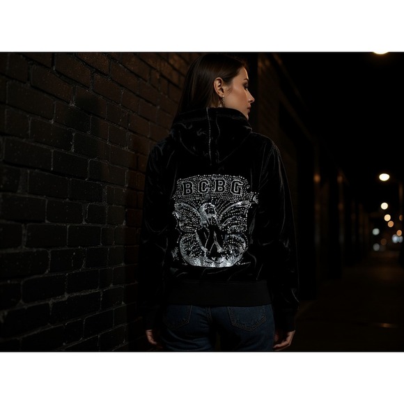 BCBGMaxAzria Tops - BCBGMAXAZRIA Black Velour Rhinestone Hoodie Zip Up Jacket Sz M y2k fairy goth